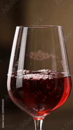 A glass of red wine being poured with a dark background