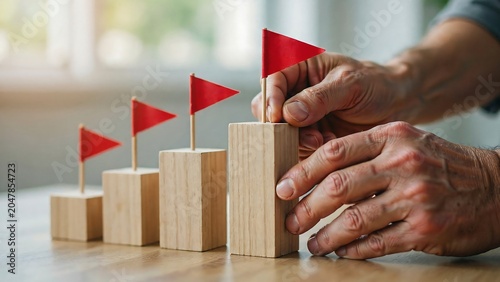 Hands placing red flags on wooden blocks in ascending order