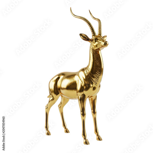 Golden gazelle statue, shiny metal sculpture, animal figurine, decorative art
