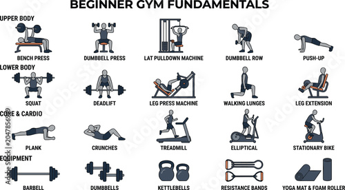 Bild auf Leinwand Beginner gym fundamentals exercise infographic vector chart illustrating weightlifting, cardio, and workout equipment for fitness training apps and bodybuilding posters