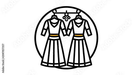 Two identical dresses on hangers hanging from a rack, simple line art illustration of formal wear, fashion retail, and clothing boutique