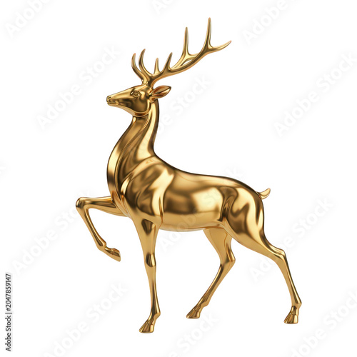 Golden deer statue, shiny metal sculpture, luxury animal figurine, decorative art piece