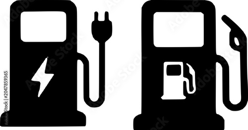 Foto Black icons of electric and gasoline fuel pumps on white background, comparing energy sources