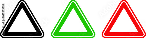 Obraz na plátně Graphic illustration of three triangular warning signs in black, green, and red on a white background, symbolizing caution and alertness in various contexts