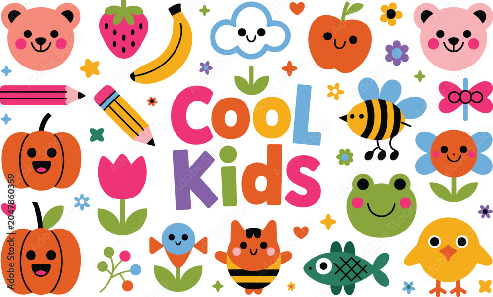 Fototapeta premium Cool kids cartoon elements set cute characters animals fruits and nature vector collection
