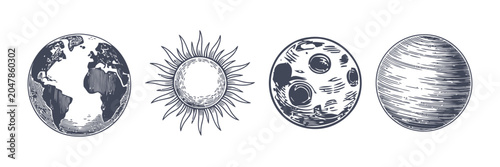 Konstfotografi Celestial bodies illustration earth sun moon and jupiter