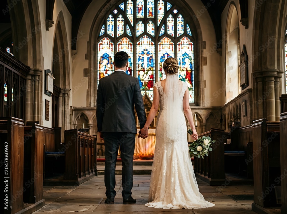 Obraz premium Couple Holding Hands Beneath Stained Glass Light in a Church