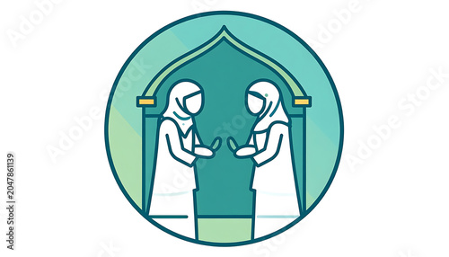 Two muslim women in hijab standing under an archway, holding mobile phones, pixel art style with teal and green gradient background, representing communication and modern Islamic culture