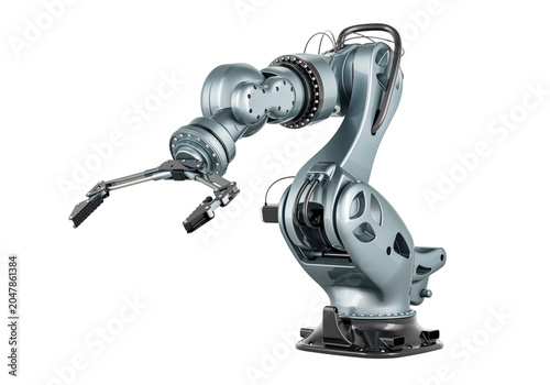 Blue industrial six axis robotic arm, manufacturing robot isolated on transparent background PNG