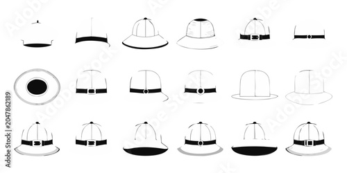 Tableau sur toile Collection of pith helmets in various views and styles on a white background