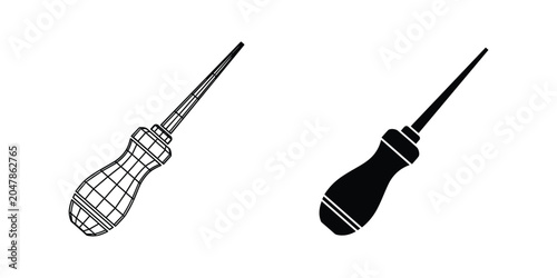 Photos Awl tool with pointed tip and checkered handle in line art and silhouette on whi
