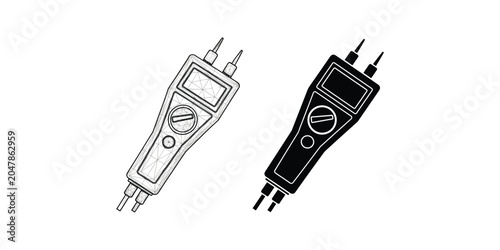 Digital moisture meter in line art and solid black silhouette on white background