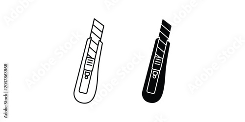 Utility knife in line art and solid silhouette against white background for graphic design