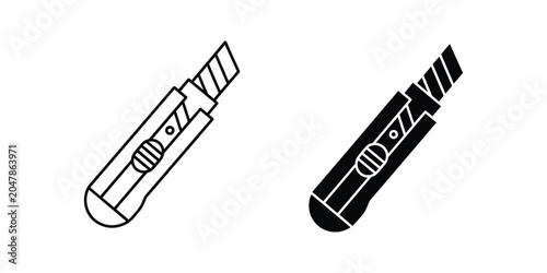 Utility knife icon in outline and solid black on white background for design