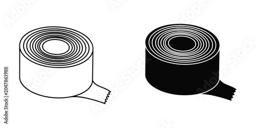 Two rolls of adhesive tape one black one white isolated on a plain background with copy space