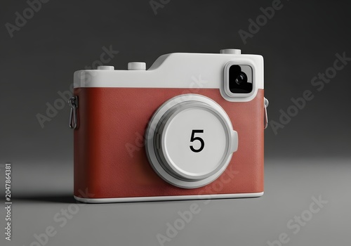 Vintage rangefinder camera with number five on lens studio lighting and gray background