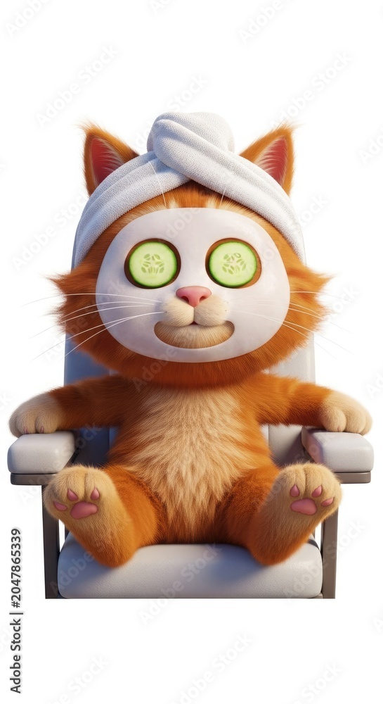 Fototapeta premium A cute ginger cat in 3D, relaxing in a spa with a towel and cucumber eye mask, sitting on a chair, isolated on a white background. A cozy wellness and self-care concept. Animal care and grooming.
