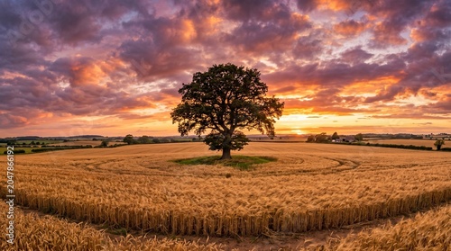 Lone Oak Tree in Vast Golden Wheat Field at Sunset