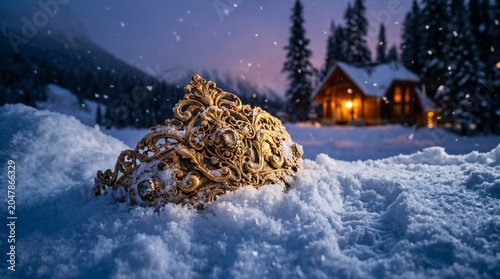 Vintage Gold Tiara Buried in Snow by Winter Cabin