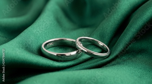 Platinum Wedding Rings Resting on Emerald Green Silk