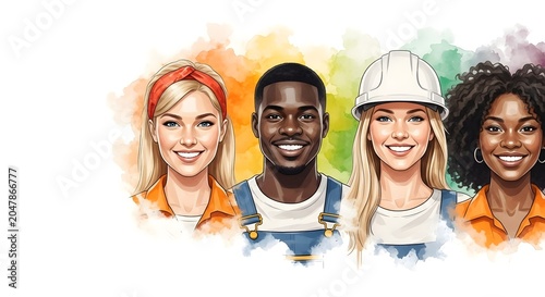 Diverse construction workers portrait with watercolor splash background teamwork and industry concept