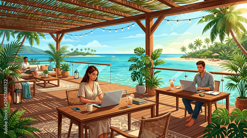 Bild auf Leinwand People working remotely on laptops at a tropical beach terrace