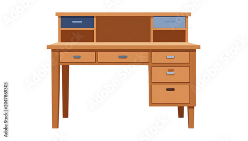 Wooden roll-top desk with multiple drawers and open compartments, functional home office furniture, rustic wood tone