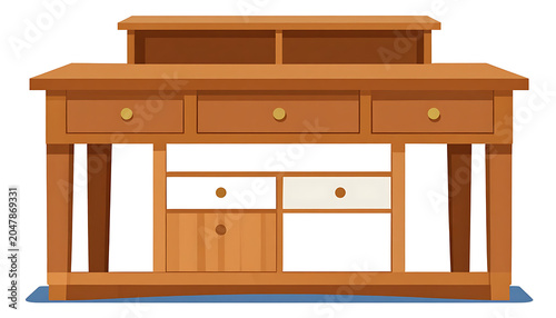 Wooden kitchen island counter with drawers and open shelving, light wood finish, simple furniture design, useful for home decor and interior design concepts