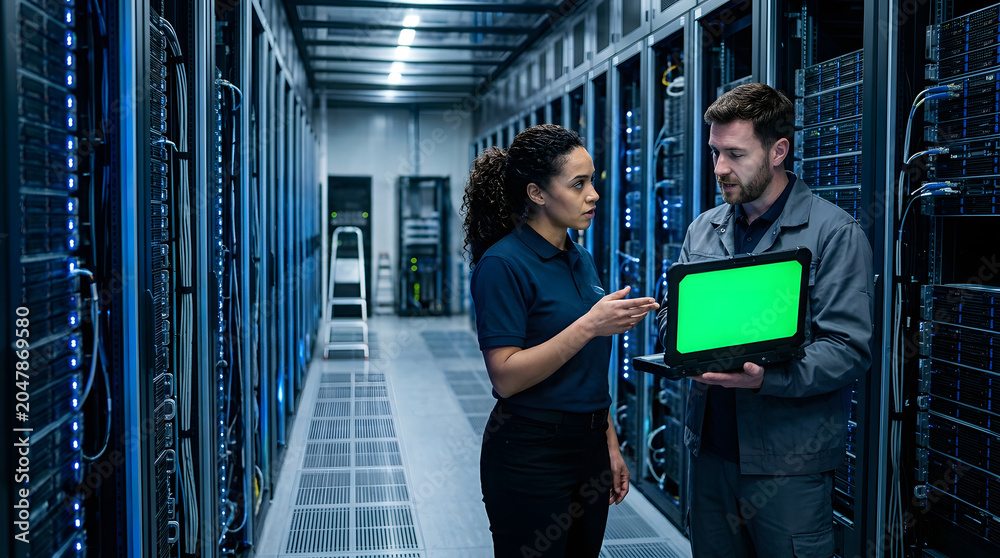 Fototapeta premium Two technicians discussing server hardware in a data center aisle with rows of computer servers