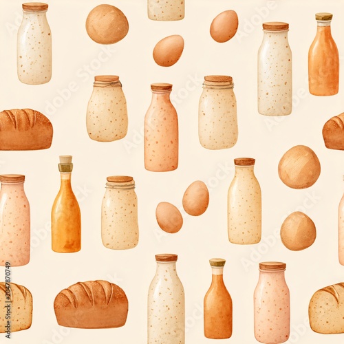 Seamless pattern displays various food items including bottles, bread, and eggs