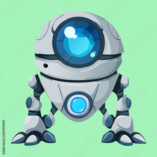 Foto High tech mechanical droid robot sentinel walker unit with central blue lens rad
