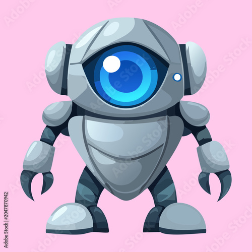 Schilderij op canvas Heavy armor mechanical defensive security guard android robot with glowing camer