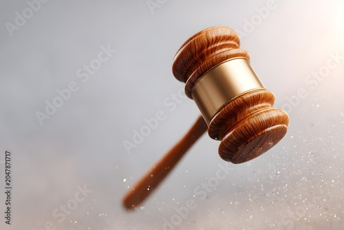 Gavel hovers above sound block in a courtroom setting with light background
