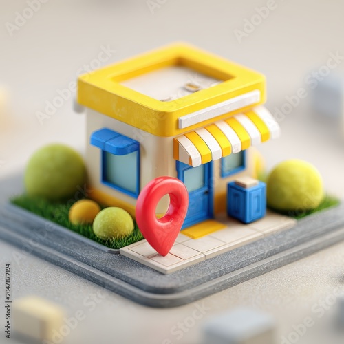 Stylized 3D Render of a Small Yellow Shop with Map Pin