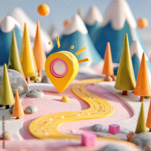 3D Stylized Miniature Landscape with Location Pin and Mountains