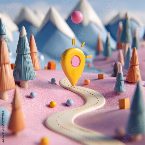 3D Stylized Mountain Landscape with Location Marker