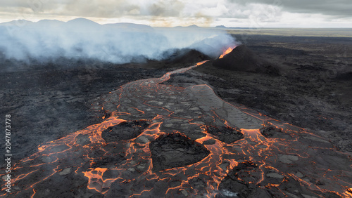 Active volcanic eruption and lava flow in Iceland captured by drone