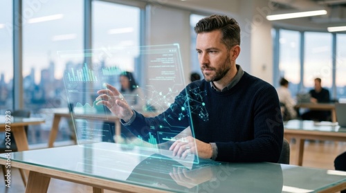 Man Interacting with Holographic Data Interface in Modern Office