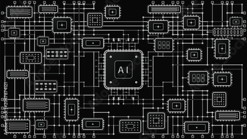 Dark circuit board showing artificial intelligence connections
