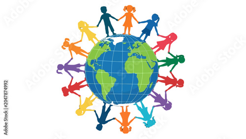 Diverse people holding hands around the Earth.