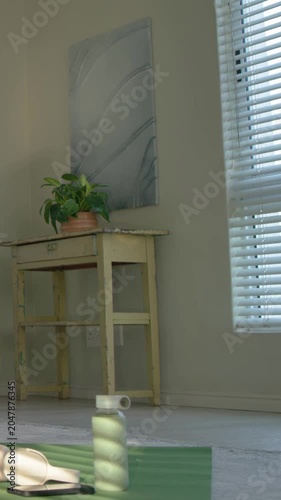Vertical video: Tilting camera revealing table and mat with plant at home, blinds lighting bottle