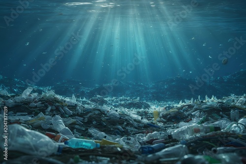 Underwater view of plastic trash debris accumulation covering the dark ocean seafloor