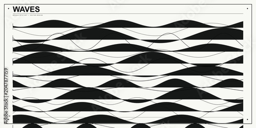 Abstract seamless pattern with black waves on a white background, minimalist vector graphic design