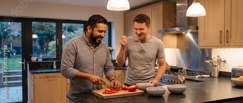 multicultural friends Latino white men chopping vegetables cooking home dinner two companions work side by side at kitchen island with cheerful focus and easy social connection for healthy eating
