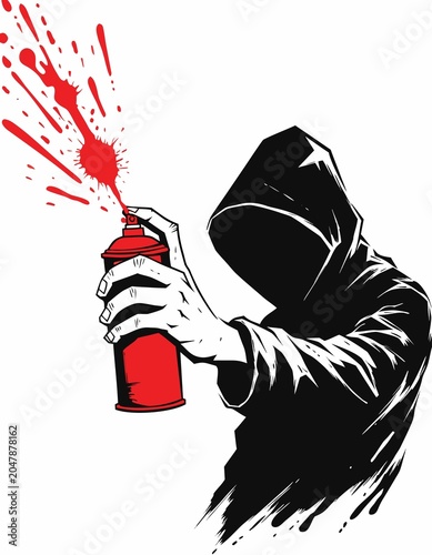 Tableau sur toile Anonymous vandal spraying red paint on wall in urban graffiti protest at night