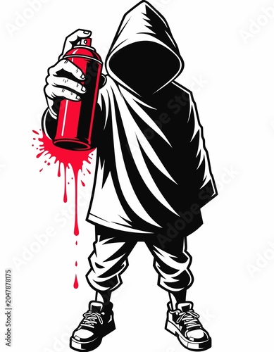 Canvastavla Anonymous vandal holding red spray paint can with splatter in urban street art s