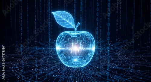 Futuristic digital apple with glowing circuits and binary code