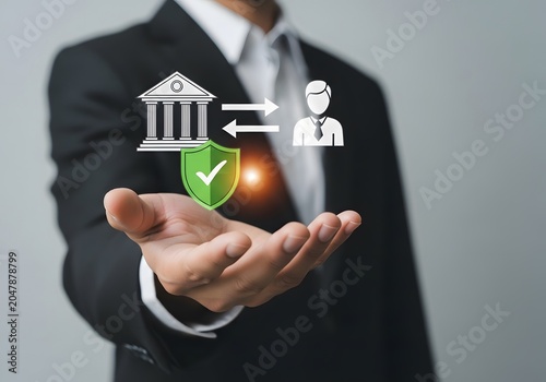 Businessman offering bank building and customer service shield