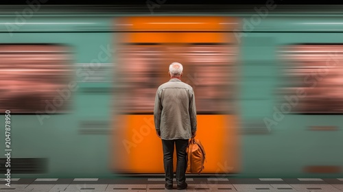 Man waits for train at station with a bag in hand during evening rush hour while a train moves through