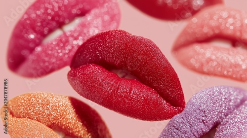 Different colors of lips with glitter and shine on a pastel background display various shades and textures at a beauty event showcasing lip products